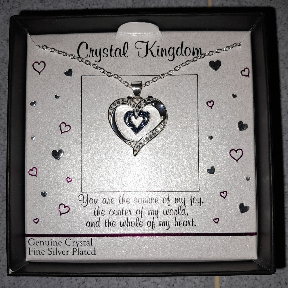 NEW-Silver Plate Genuine Crystal Blue Heart Necklace